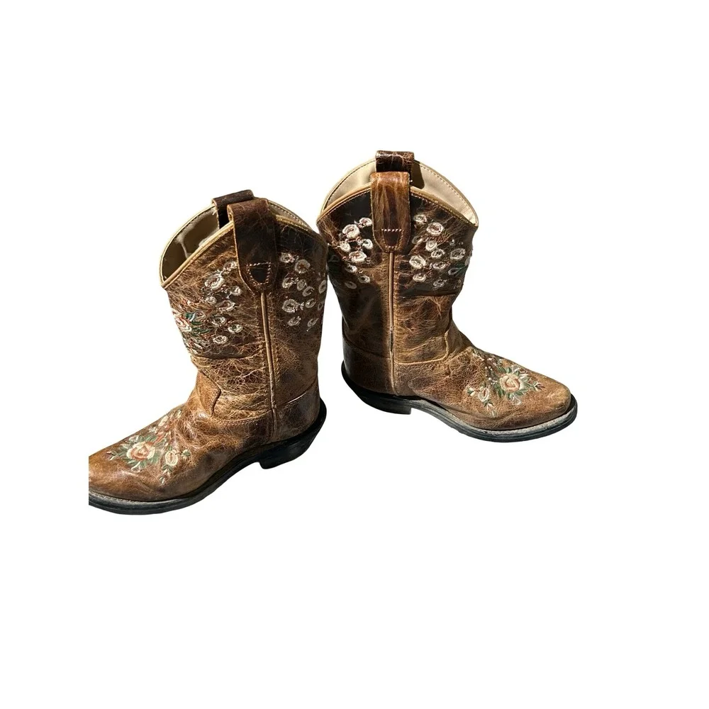 Shyanne Girls Brown Leather Floral Embroidered Western Cowgirl Boots Size 10D